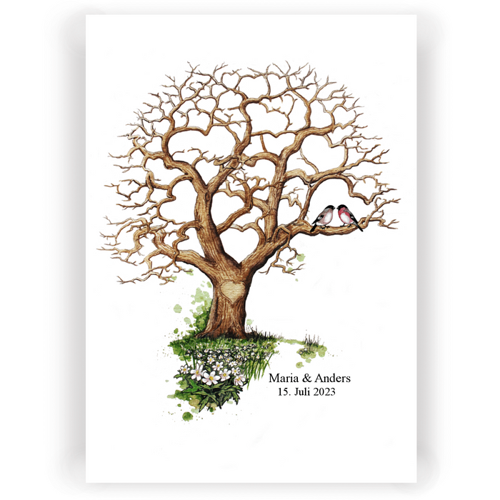 Fingertryk plakat til bryllup med hjertetræ i et egetræ