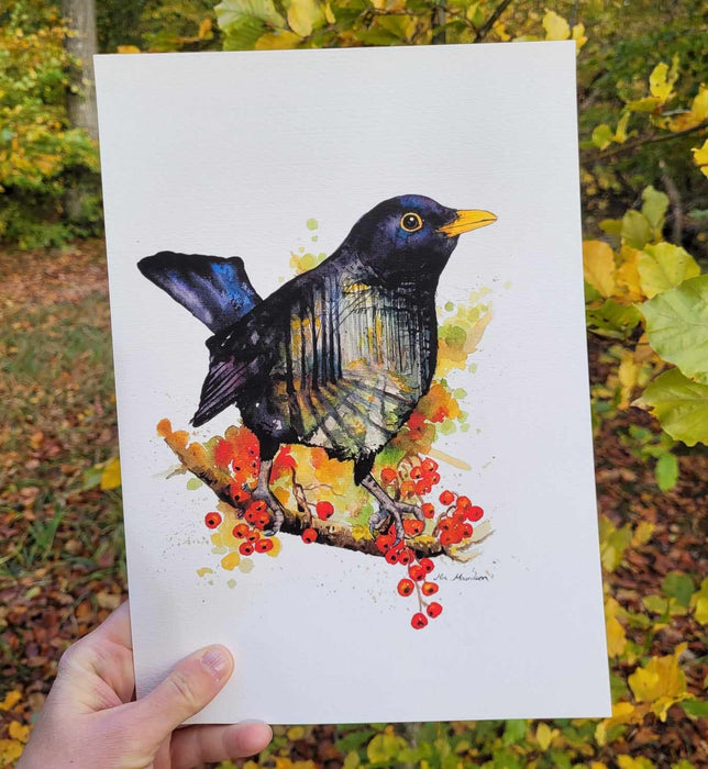 Solsort akvarelmaleri, efterårsskov, naturkunst