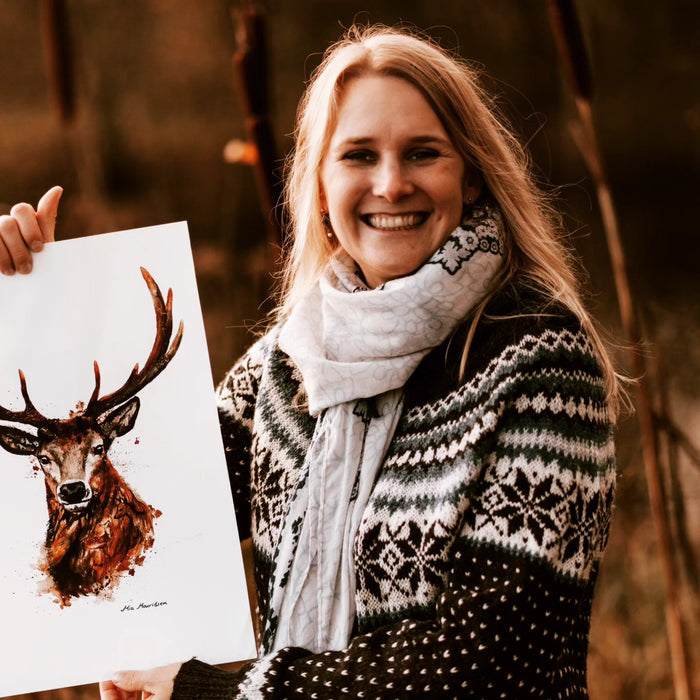 Kronhjorten Skovens Konge - Akvarel kunstprint af en kronhjort