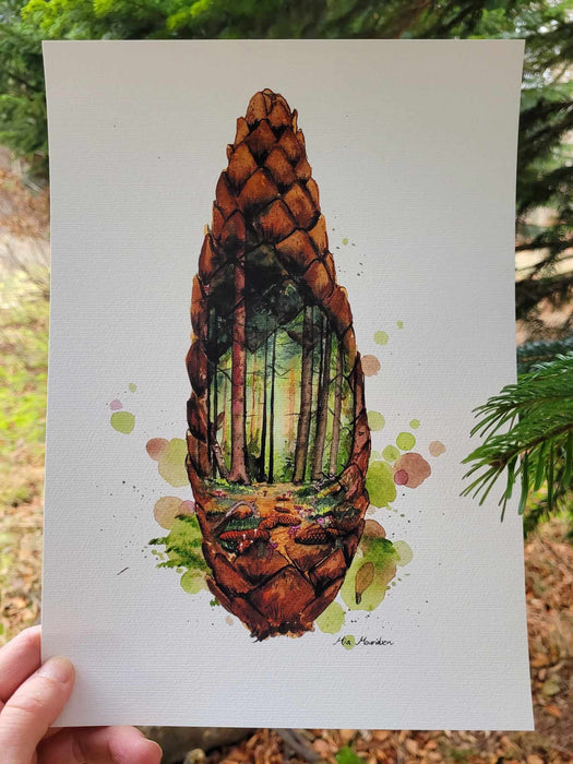 grankogle i akvarel kunst