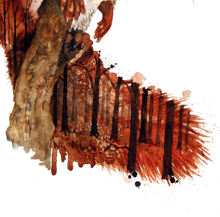 Skoven gemt i halen på en akvarel af et egern