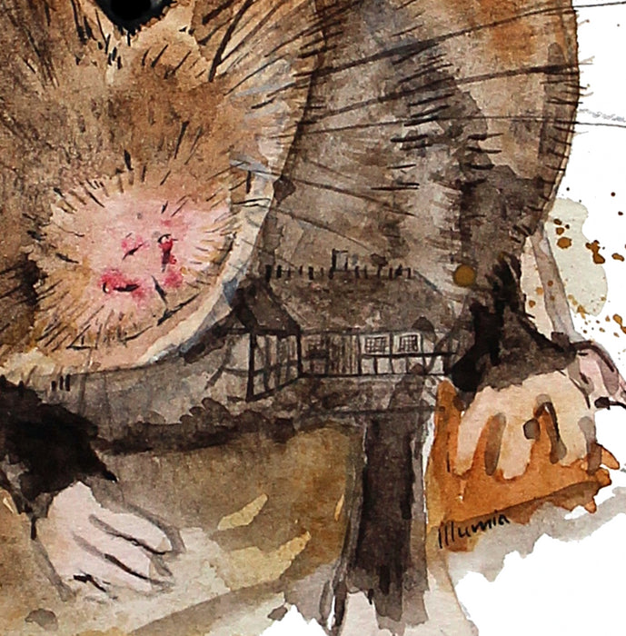 Der er malet et lille bindingsværkshus inden i husmusen