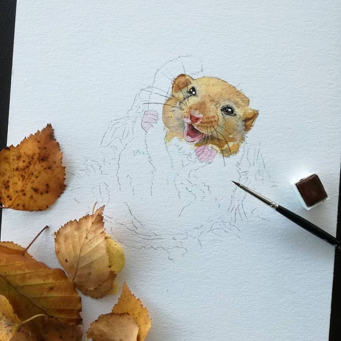 procesbillede af et akvarelmaleri af en hasselmus