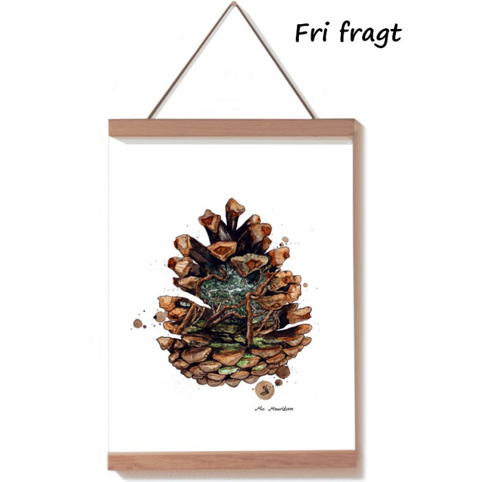 Skoven inden i en kogle malet med akvarel. Få dejlig skovstemning i stuens indretning