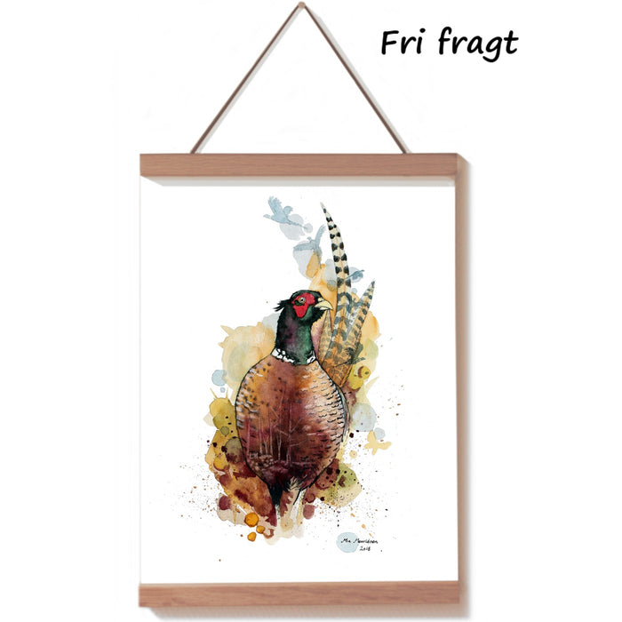 Kunst med en fasan til jægere og jagtstuen. Fasanen er håndmalet med akvarel