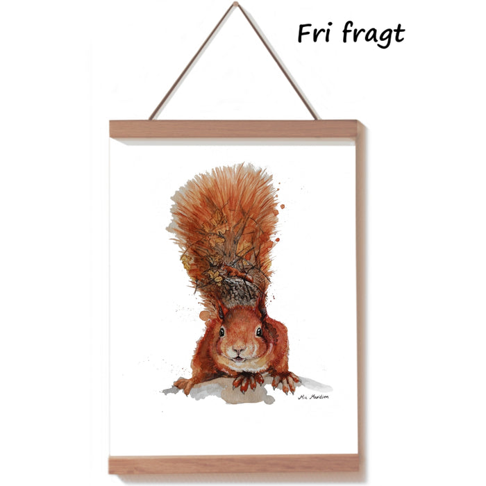 Akvarelplakat  af et egern. Billedet er flot kunst som giver en skovstemning til indretningen