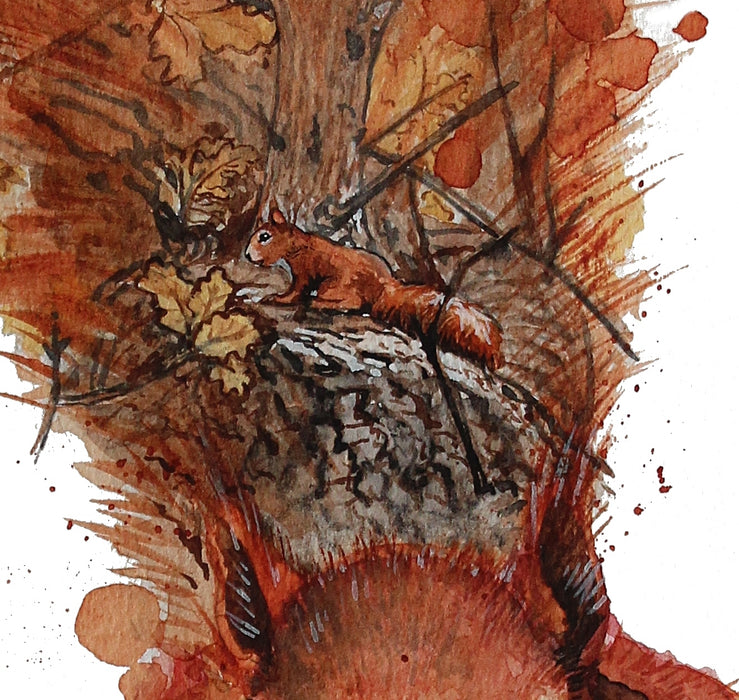 Der er malet et lille akvarelmaleri af et egern inden i det store egern