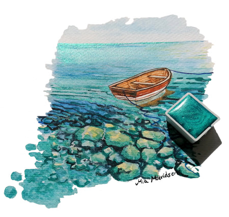 Håndlavet akvarelmaling Middelhavet turkis