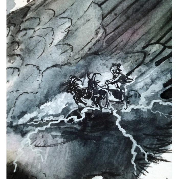 Akvarelmaleri med guden Thor som kører i sin stridsvogn med sine to geder