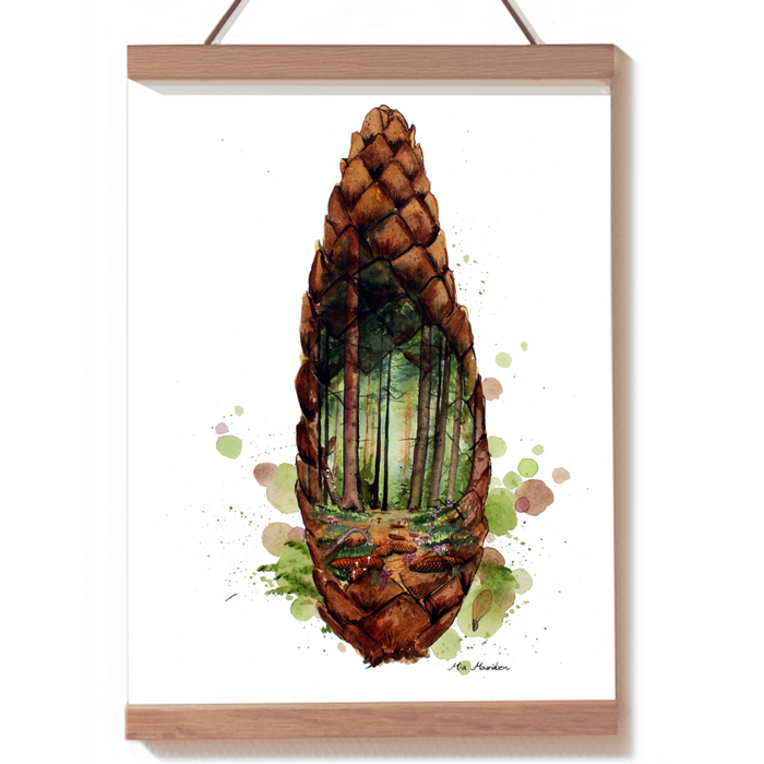 Rødgran kogle i akvarel med skjult skovmotiv