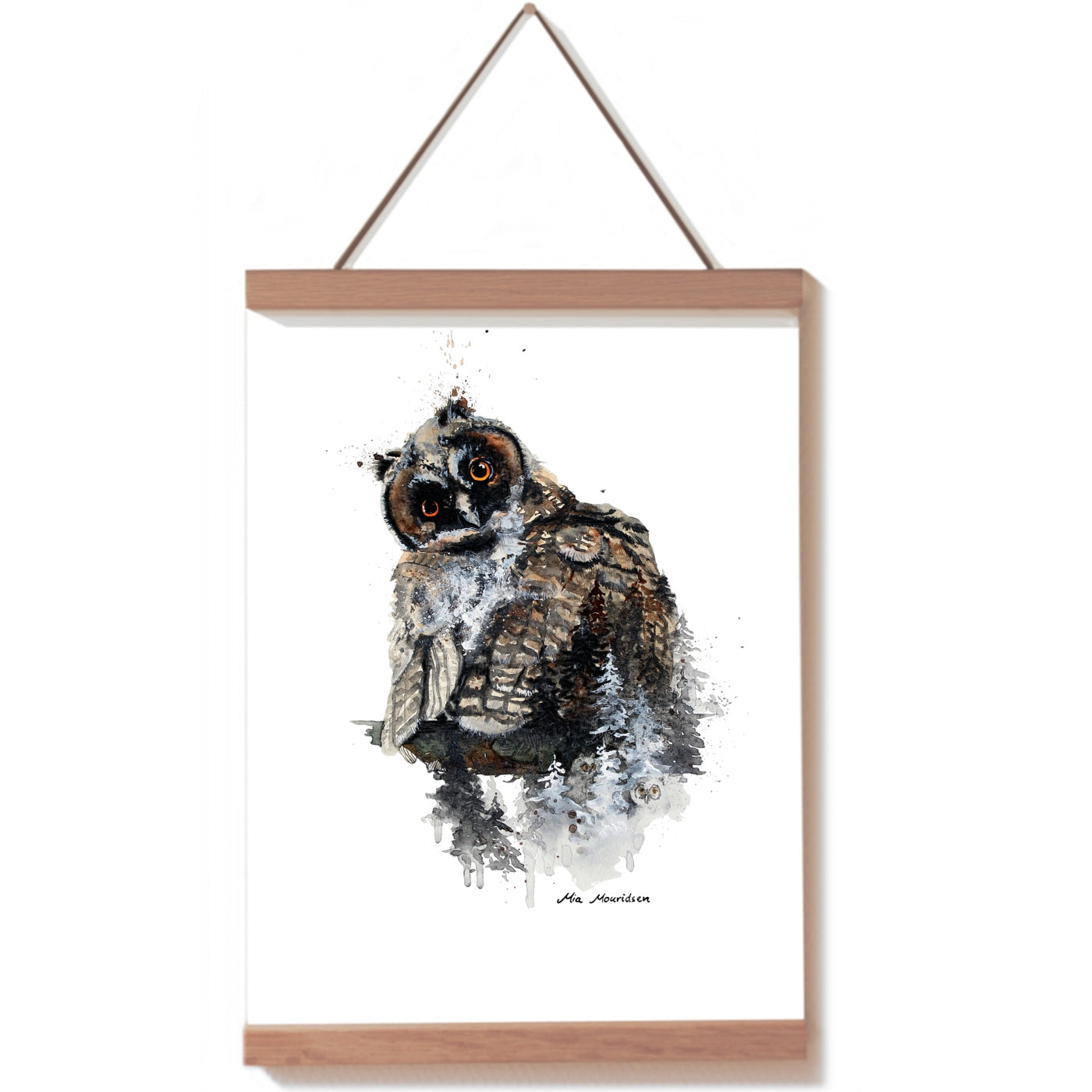 Kunstplakat i akvarel af en skovhornugle malet af naturkunstneren Mia Mouridsen