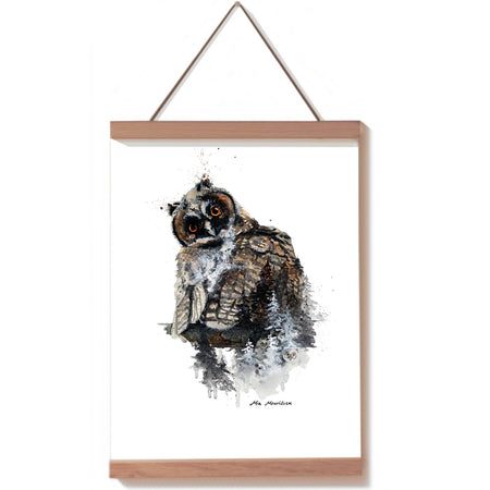 Kunstplakat i akvarel af en skovhornugle malet af naturkunstneren Mia Mouridsen