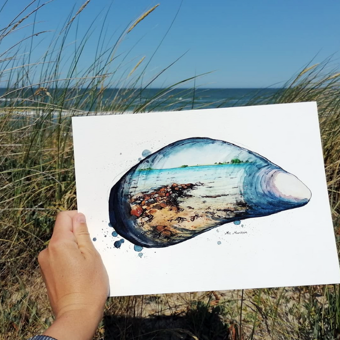 Blåmusling med hav kunstplakat