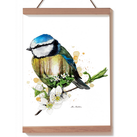 Akvarelmaleri af en blåmejse med forårsskov med anemoner. Naturkunst