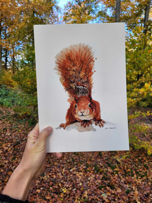 akvarelmaleri med et egern, nordisk kunst, efterårsskov