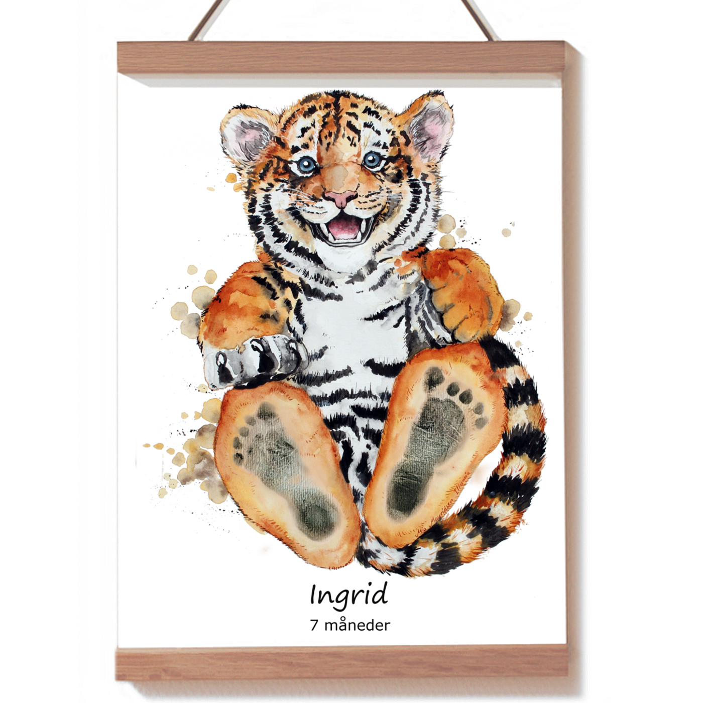 Babypote plakat til baby fodaftryk med en tiger. Fodaftryk plakat
