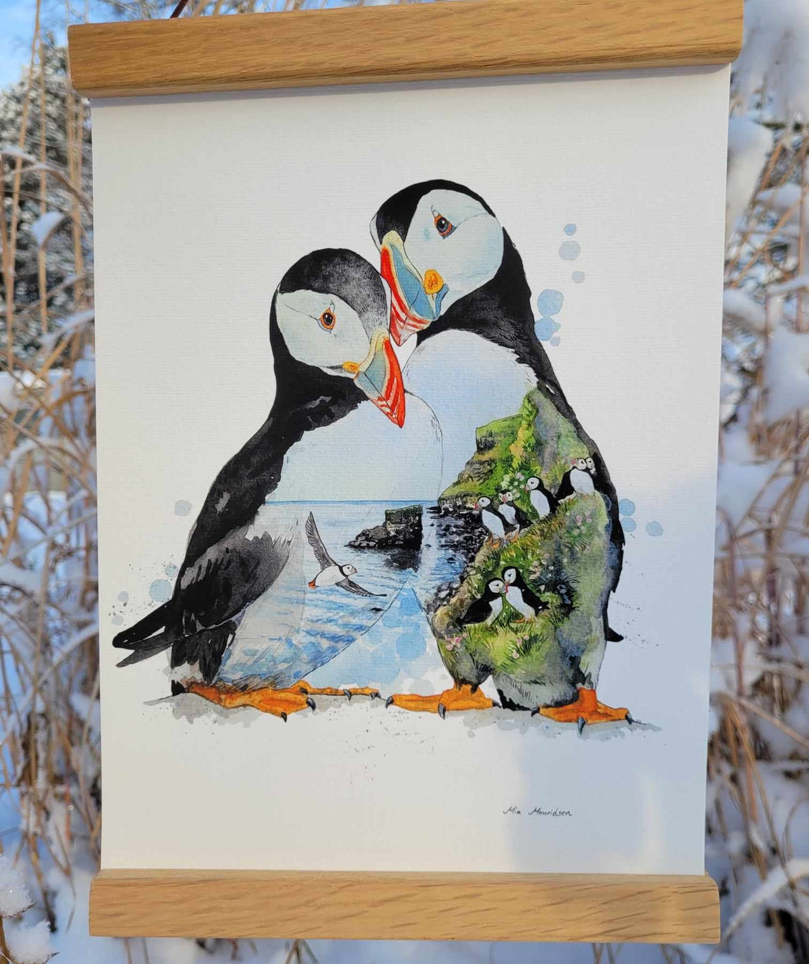 lunder søpapegøjer naturkunst akvarel håndmalet