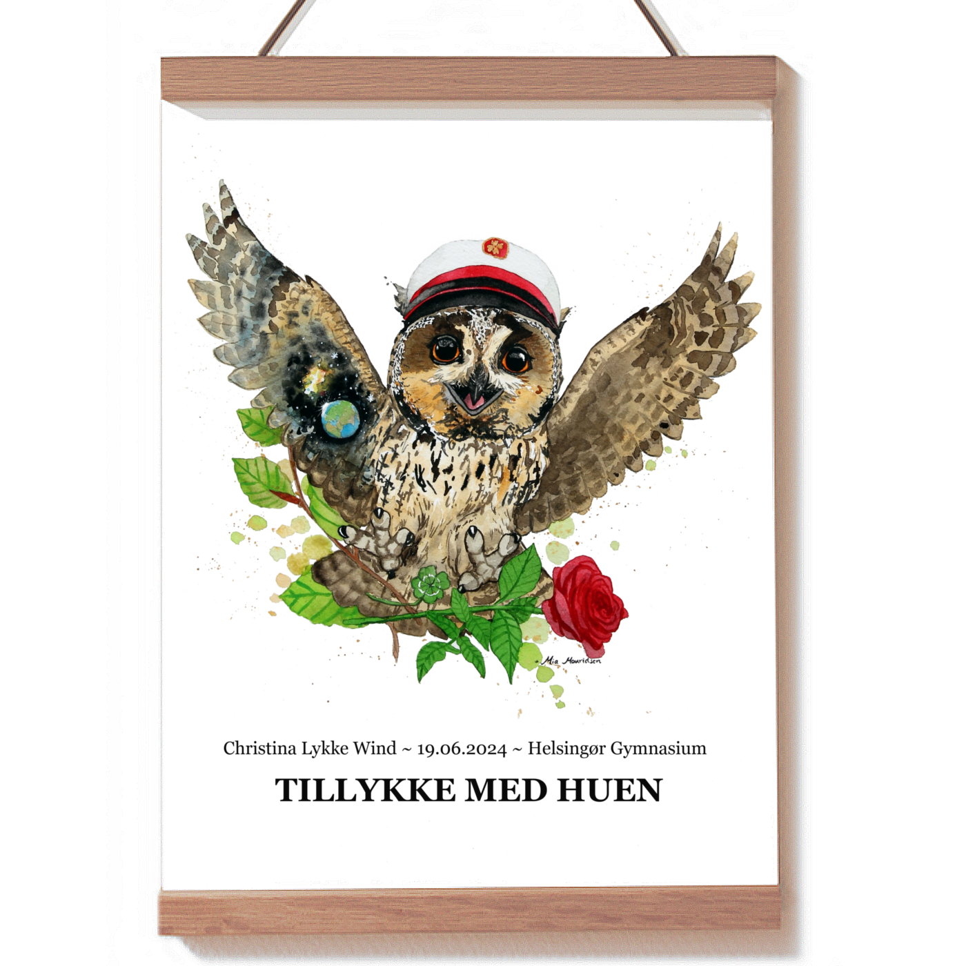 Studenterplakat med en ugle med rød hue