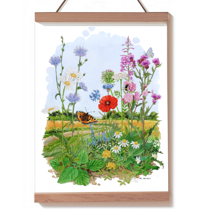 Et akvarelmaleri med vilde blomster i vejkanten