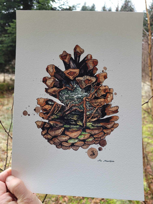 Kogle med skoven inden i malet med akvarel