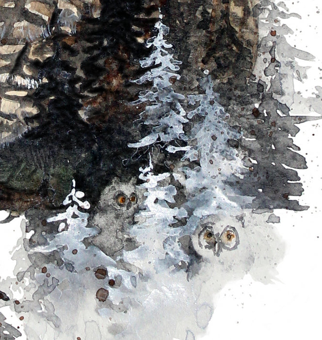 Skjult billede af to skovhurnugleunger inden i akvarelmaleriet