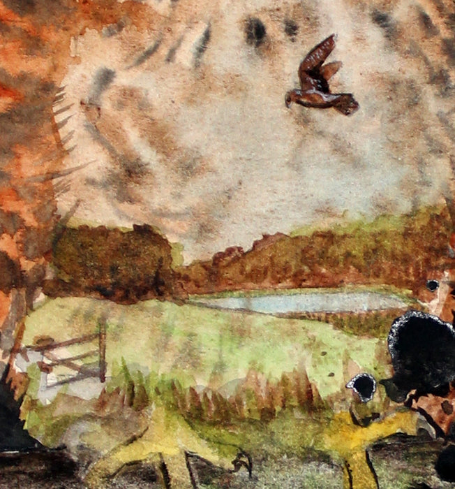 En tårnfalk jager over markerne. Malet med akvarel