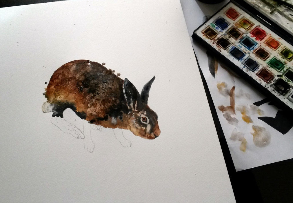 Akvarel kunstprint. Hare hop