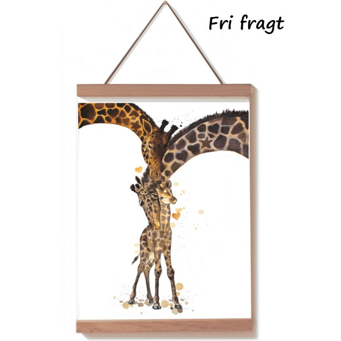 Plakat med håndtegnede og håndmalede giraffer i akvarel. En dejlig familie af giraffer