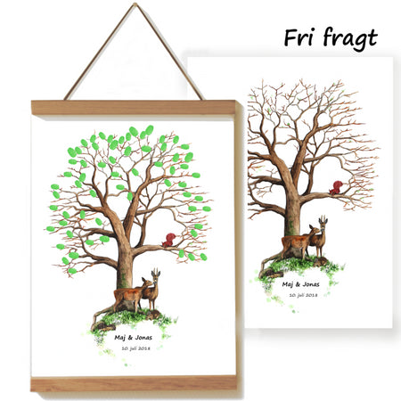 Fingertryktræ og plakat til bryllup med et bøgetræ og skovens dyr 