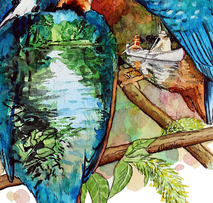 akvarel med isfugle og kano fra Susåen