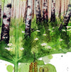 Detalje i akvarellen af et birkeblad, med en gærdesmutte som gemmer sig i skovbunden
