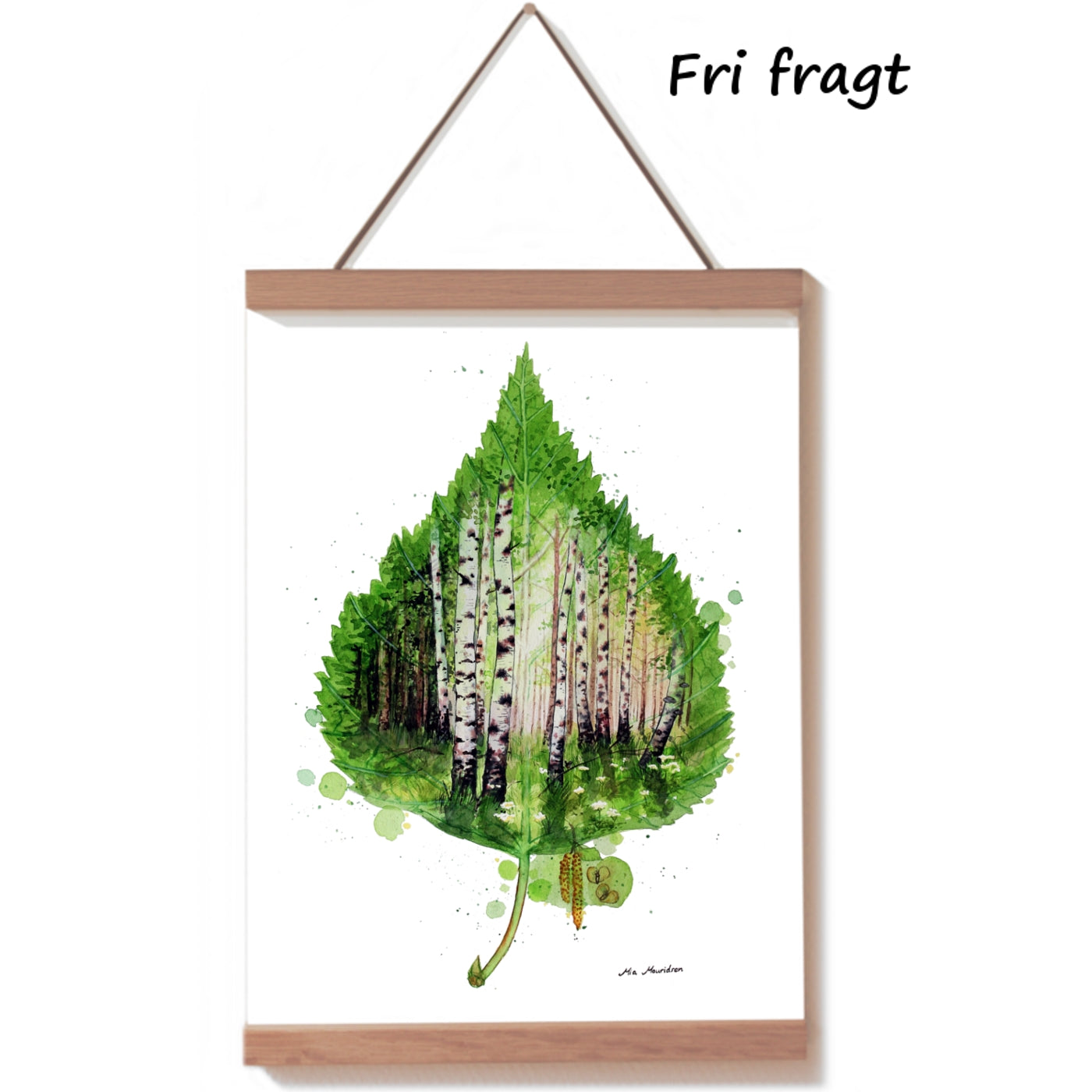 Akvarel kunstplakat med birkeskov gemt inden i et birkeblad. Få skovstemning ind i indretningen