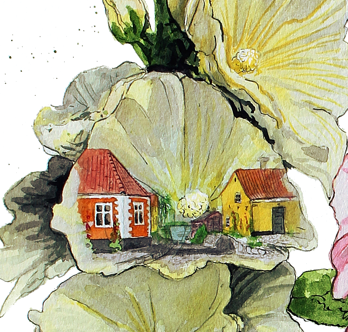 Torvet i Præstø malet inden i en stokrose som en byplakat