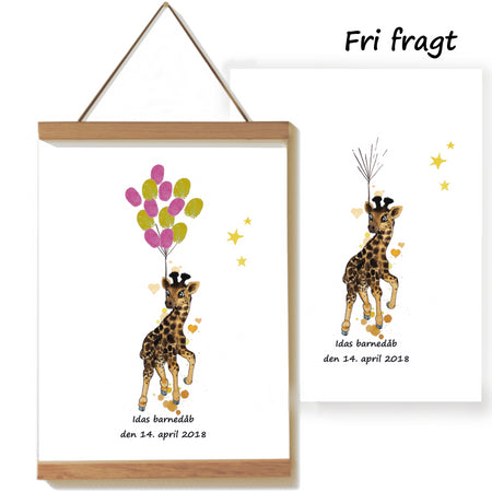 Fingertryk plakat med en giraf til barnedåb og navngivning med fingertryk som balloner