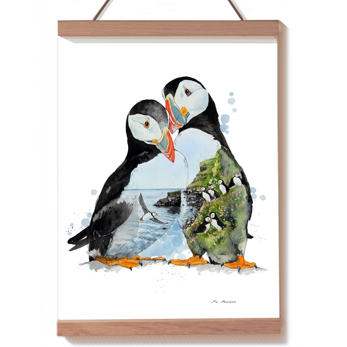 Lunder søpapegøjer i akvarel, Puffins
