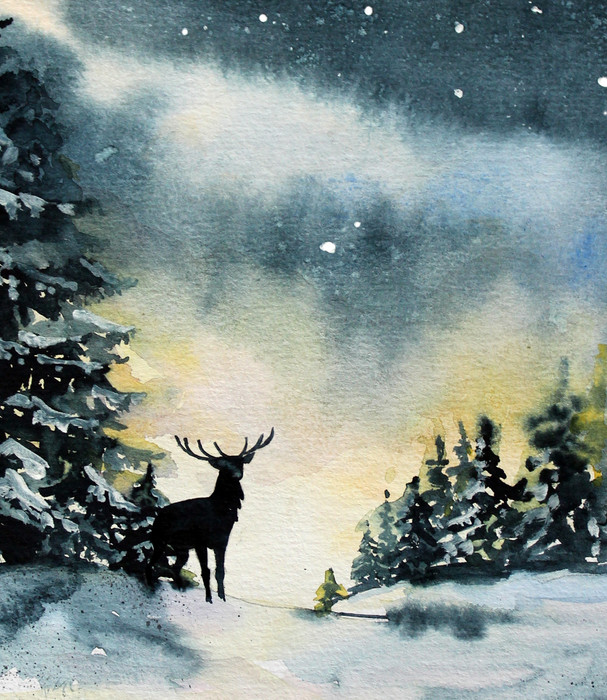 Akvarel vinternat med stjerner og en dejlig fornemmelse af sne
